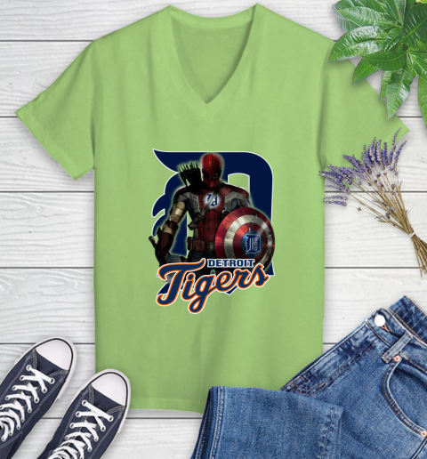 MLB Captain America Thor Spider Man Hawkeye Avengers Endgame Baseball Detroit Tigers Women's V-Neck T-Shirt 11