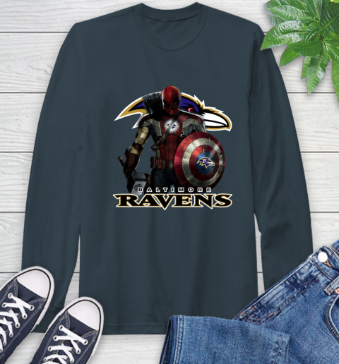 NFL Captain America Thor Spider Man Hawkeye Avengers Endgame Football Baltimore Ravens Long Sleeve T-Shirt 8