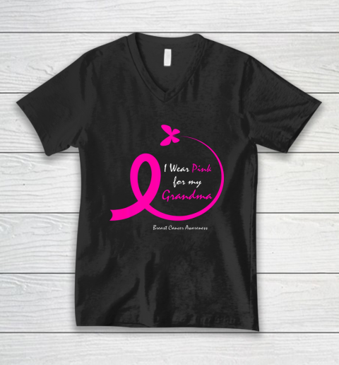 Butterfly I Wear Pink For My Grandma Breast Cancer Awareness V-Neck T-Shirt