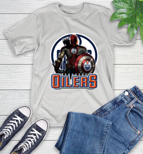 NHL Captain America Thor Spider Man Hawkeye Avengers Endgame Hockey Edmonton Oilers T-Shirt