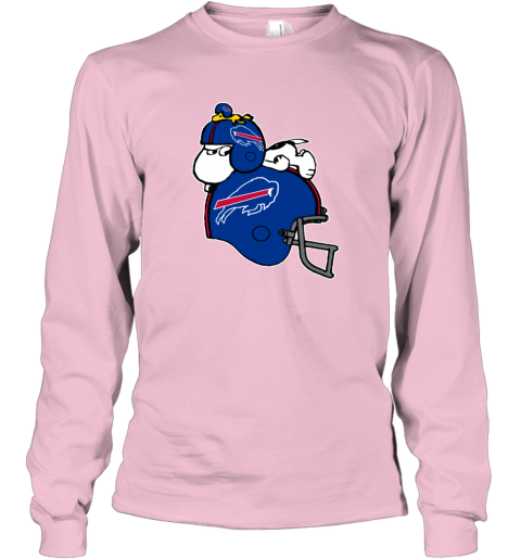 ivea snoopy and woodstock resting on buffalo bills helmet long sleeve tee 14 front light pink
