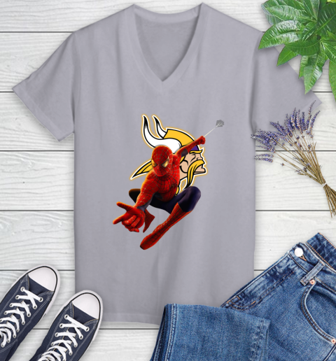 NFL Spider Man Avengers Endgame Football Minnesota Vikings Women's V-Neck T-Shirt 4