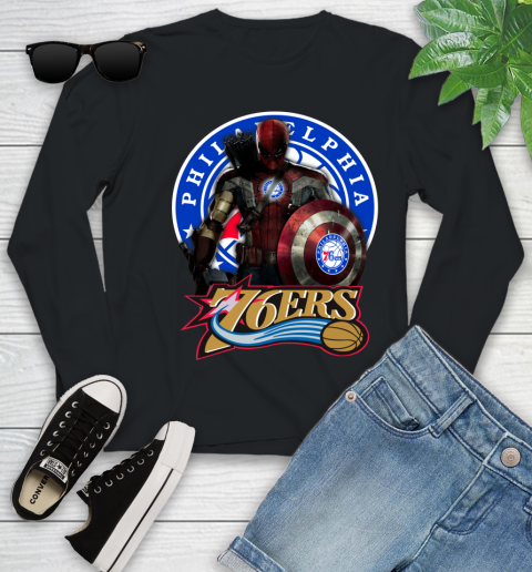 Philadelphia 76ers NBA Basketball Captain America Thor Spider Man Hawkeye Avengers (1) Youth Long Sleeve 2