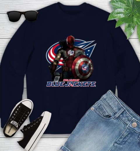 NHL Captain America Thor Spider Man Hawkeye Avengers Endgame Hockey Columbus Blue Jackets Youth Sweatshirt 3