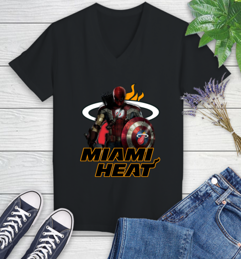 Miami Heat NBA Basketball Captain America Thor Spider Man Hawkeye Avengers Women's V-Neck T-Shirt 2