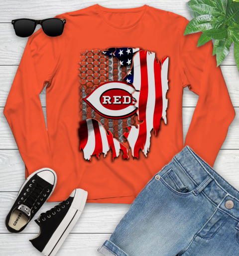Cincinnati Reds MLB Baseball American Flag Youth Long Sleeve 3