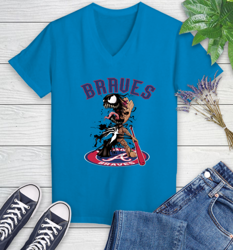 MLB Atlanta Braves Baseball Venom Groot Guardians Of The Galaxy Women's V-Neck T-Shirt 7