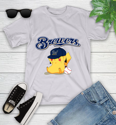 MLB Pikachu Baseball Sports Milwaukee Brewers Youth T-Shirt 4