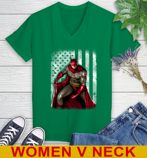 Cincinnati Reds MLB Baseball Batman DC American Flag Shirt Women's V-Neck T-Shirt 5