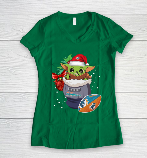 Miami Dolphins Christmas Baby Yoda Star Wars Funny Happy NFL Women's V-Neck T-Shirt 5
