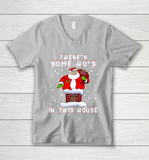 Chicago Blackhawks Christmas There Is Some Hos In This House Santa Stuck In The Chimney NHL V-Neck T-Shirt 3