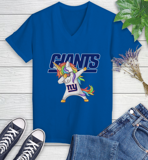 New York Giants NFL Football Funny Unicorn Dabbing Sports Women's V-Neck T-Shirt 10
