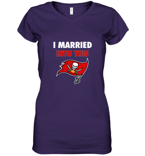qndk i married into this tampa bay buccaneers football nfl women v neck t shirt 39 front purple