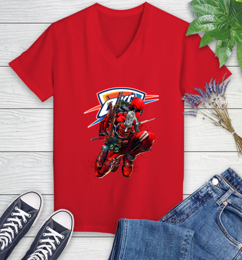 NBA Deadpool Marvel Comics Sports Basketball Oklahoma City Thunder Women's V-Neck T-Shirt 12
