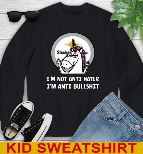 Pittsburgh Steelers NFL Football Unicorn I'm Not Anti Hater I'm Anti Bullshit Youth Sweatshirt 2