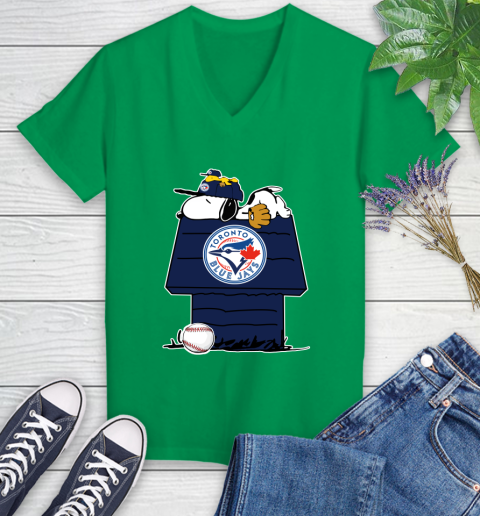 MLB Toronto Blue Jays Snoopy Woodstock The Peanuts Movie Baseball T Shirt Women's V-Neck T-Shirt 5
