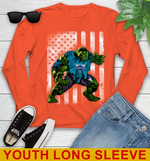 Charlotte Hornets Hulk Marvel Avengers NBA Basketball American Flag Youth Long Sleeve 3