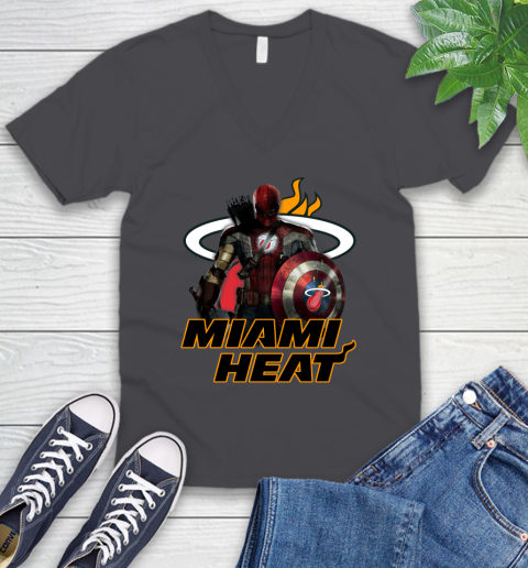 Miami Heat NBA Basketball Captain America Thor Spider Man Hawkeye Avengers V-Neck T-Shirt 5