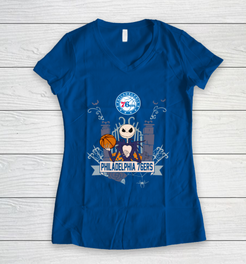 NBA Philadelphia 76ers Basketball Jack Skellington Halloween Women's V-Neck T-Shirt 7