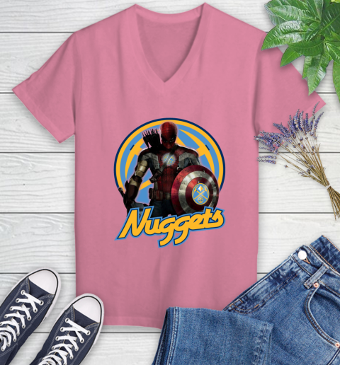 Denver Nuggets NBA Basketball Captain America Thor Spider Man Hawkeye Avengers Women's V-Neck T-Shirt 13