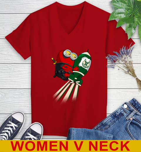 NBA Basketball Milwaukee Bucks Deadpool Minion Marvel Shirt Women's V-Neck T-Shirt 10