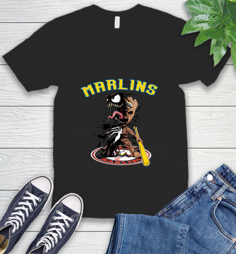 MLB Miami Marlins Baseball Venom Groot Guardians Of The Galaxy V-Neck T-Shirt 2