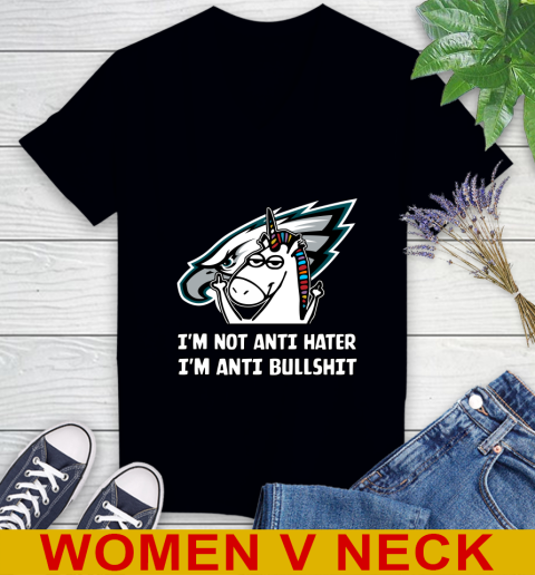 Philadelphia Eagles NFL Football Unicorn I'm Not Anti Hater I'm Anti Bullshit Women's V-Neck T-Shirt 2