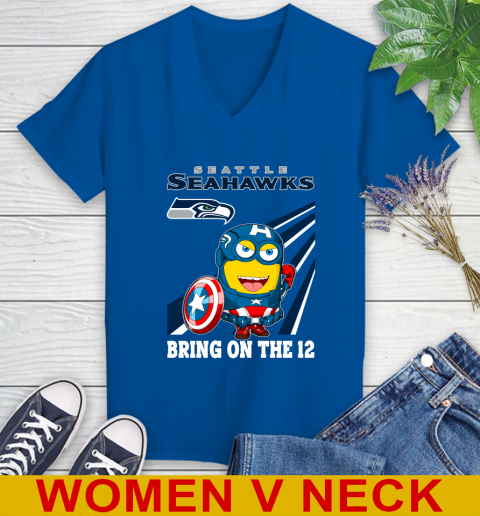NFL Football Seattle Seahawks Captain America Marvel Avengers Minion Shirt Women's V-Neck T-Shirt 9
