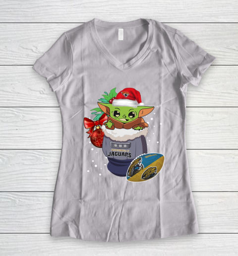 Jacksonville Jaguars Christmas Baby Yoda Star Wars Funny Happy NFL Women's V-Neck T-Shirt 2