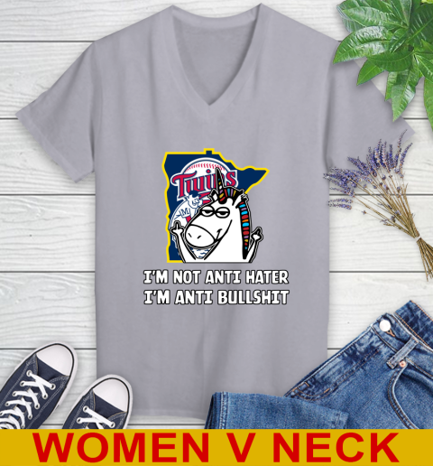 Minnesota Twins MLB Baseball Unicorn I'm Not Anti Hater I'm Anti Bullshit Women's V-Neck T-Shirt 5