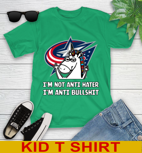 Columbus Blue Jackets NHL Hockey Unicorn I'm Not Anti Hater I'm Anti Bullshit Youth T-Shirt 6