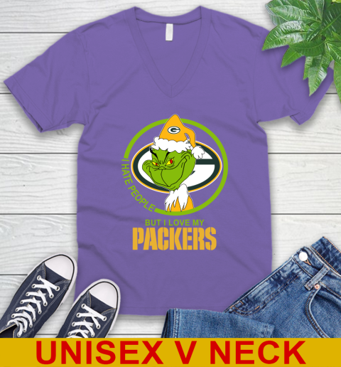 Green Bay Packers NFL Christmas Grinch I Hate People But I Love My Favorite Football Team V-Neck T-Shirt 9
