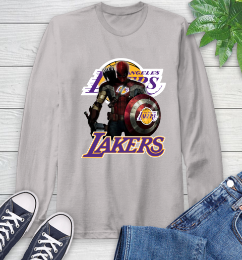 Los Angeles Lakers NBA Basketball Captain America Thor Spider Man Hawkeye Avengers Long Sleeve T-Shirt 12