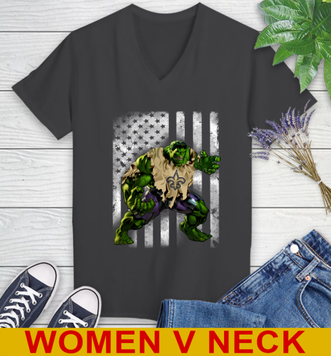 New Orleans Saints Hulk Marvel Avengers NFL Football American Flag Women's V-Neck T-Shirt 8
