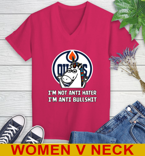 Edmonton Oilers NHL Hockey Unicorn I'm Not Anti Hater I'm Anti Bullshit Women's V-Neck T-Shirt 10