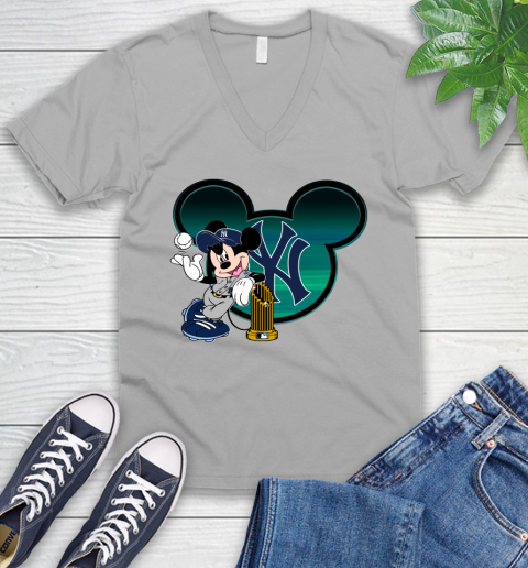 MLB New York Yankees The Commissioner's Trophy Mickey Mouse Disney V-Neck T-Shirt 4