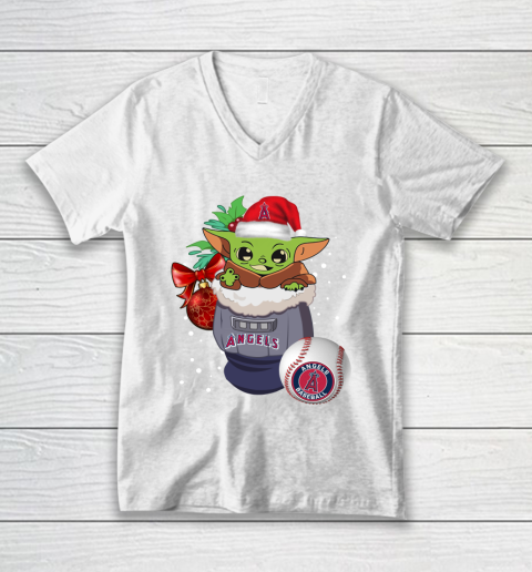 Los Angeles Angels Christmas Baby Yoda Star Wars Funny Happy MLB V-Neck T-Shirt 2