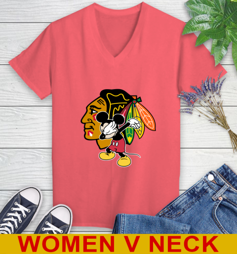 Chicago Blackhawks NHL Hockey Dabbing Mickey Disney Sports Women's V-Neck T-Shirt 7
