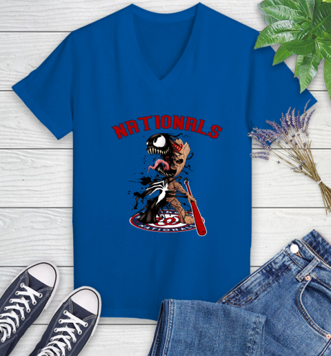 MLB Washington Nationals Baseball Venom Groot Guardians Of The Galaxy Women's V-Neck T-Shirt 10