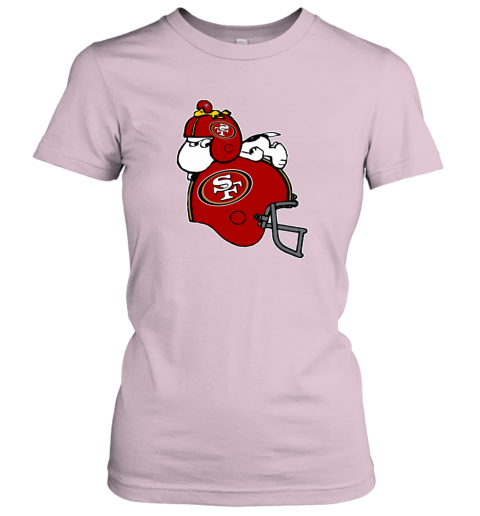 two7 snoopy and woodstock resting on san francisco 49ers helmet ladies t shirt 20 front light pink