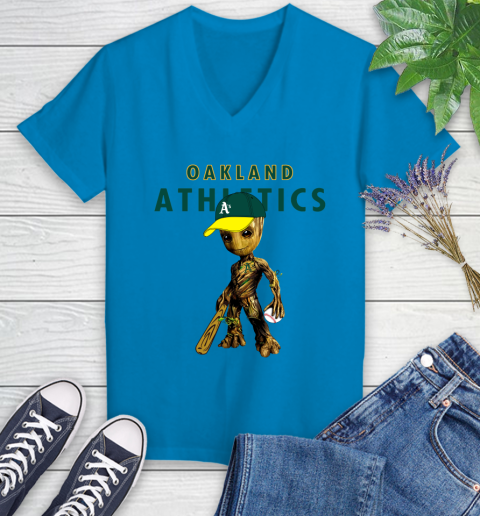 MLB Oakland Athletics Groot Guardians Of The Galaxy Baseball Women's V-Neck T-Shirt 7