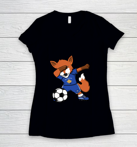 Dabbing Fox Kosovo Soccer Fans Jersey Kosovar Football Lover Women's V-Neck T-Shirt