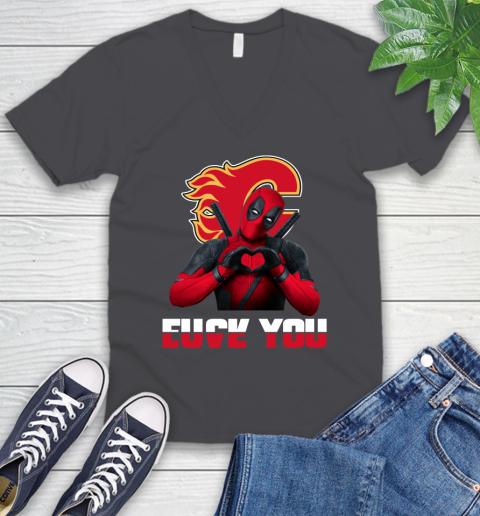 NHL Calgary Flames Deadpool Love You Fuck You Hockey Sports V-Neck T-Shirt 4