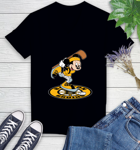 NHL Hockey Boston Bruins Cheerful Mickey Disney Shirt Women's V-Neck T-Shirt