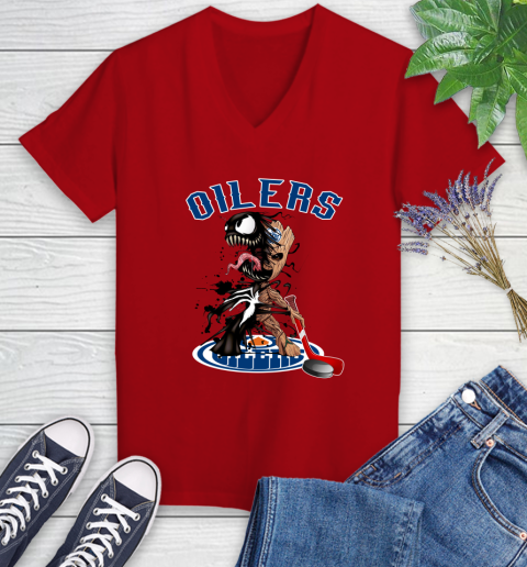 NHL Edmonton Oilers Hockey Venom Groot Guardians Of The Galaxy Women's V-Neck T-Shirt 12