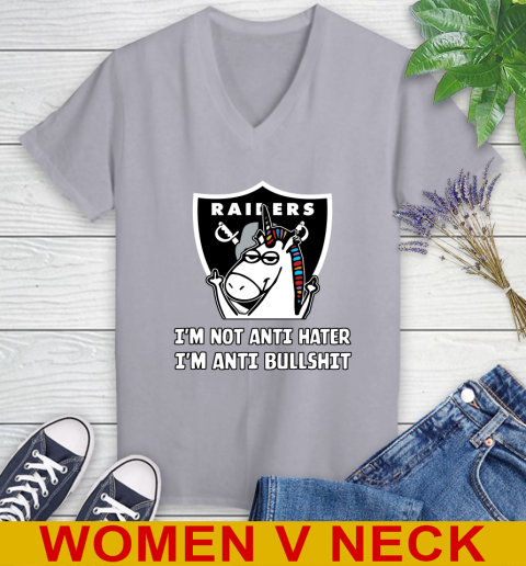 Oakland Raiders NFL Football Unicorn I'm Not Anti Hater I'm Anti Bullshit Women's V-Neck T-Shirt 5
