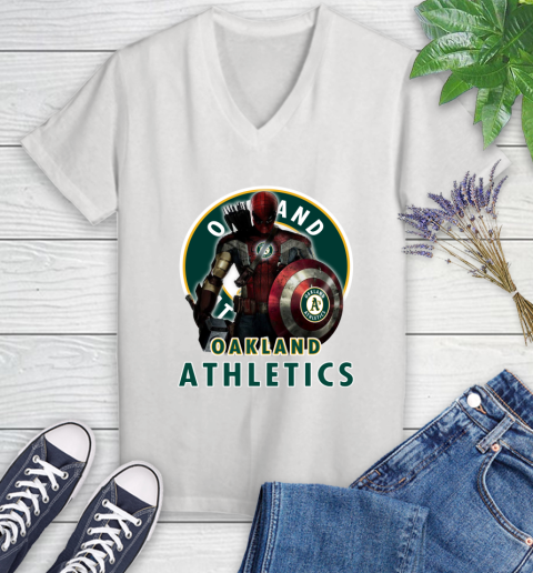 MLB Captain America Thor Spider Man Hawkeye Avengers Endgame Baseball Oakland Athletics Women's V-Neck T-Shirt