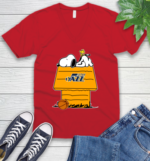 Utah Jazz NBA Basketball Snoopy Woodstock The Peanuts Movie V-Neck T-Shirt 7