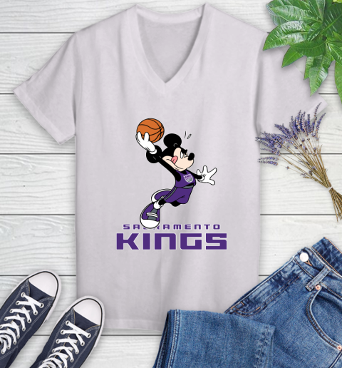 NBA Basketball Sacramento Kings Cheerful Mickey Mouse Shirt Women's V-Neck T-Shirt 2
