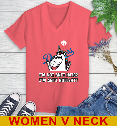 Los Angeles Dodgers MLB Baseball Unicorn I'm Not Anti Hater I'm Anti Bullshit Women's V-Neck T-Shirt 7